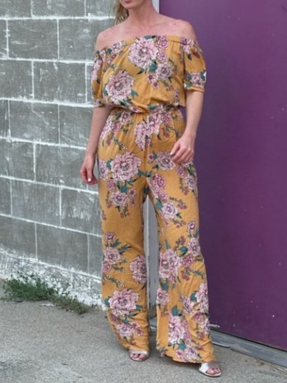 Band of Gypsies Brand Women's Large Yellow Floral Off The Shoulder Jumpsuit